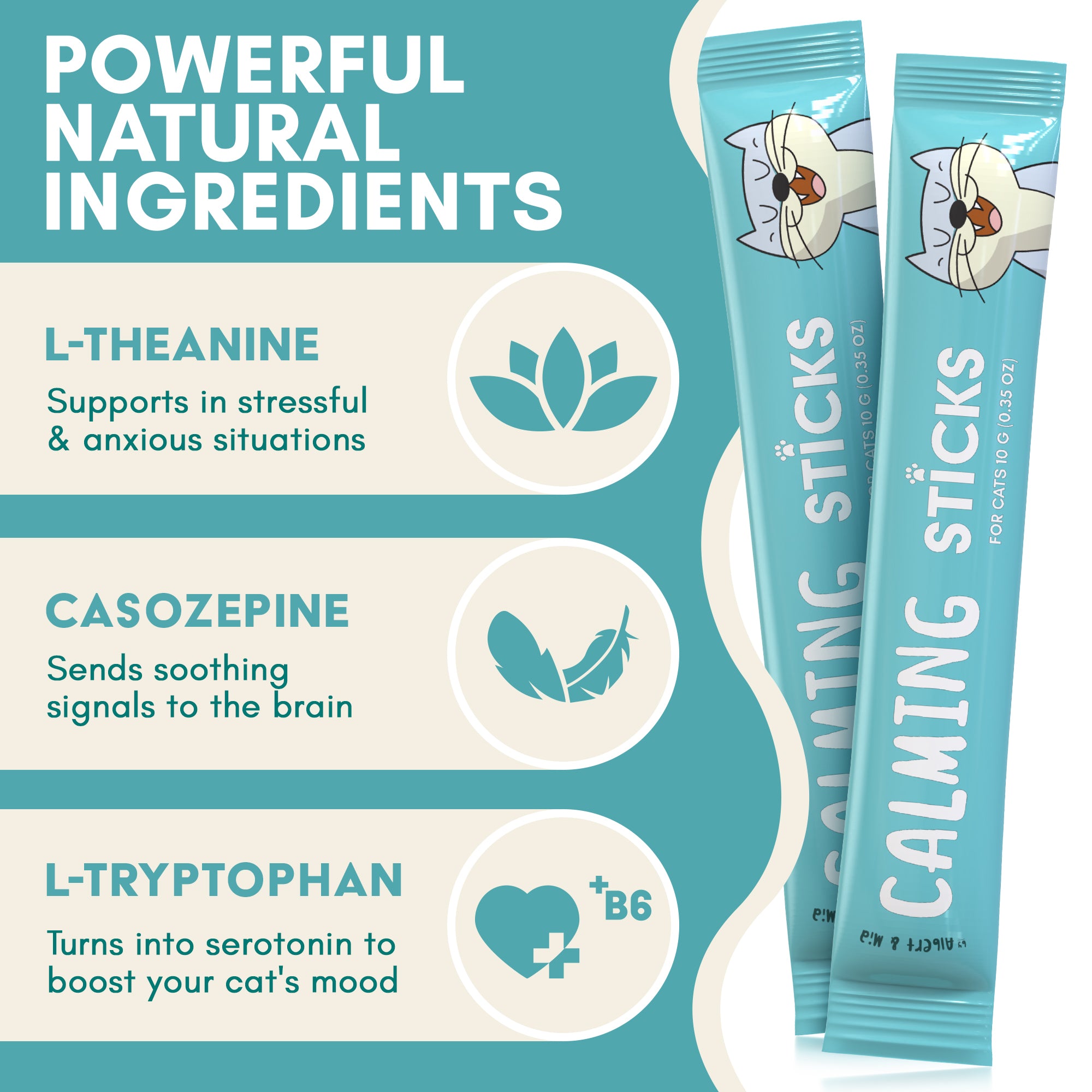 Calming sticks for cats with ingredients listed on a blue and white background