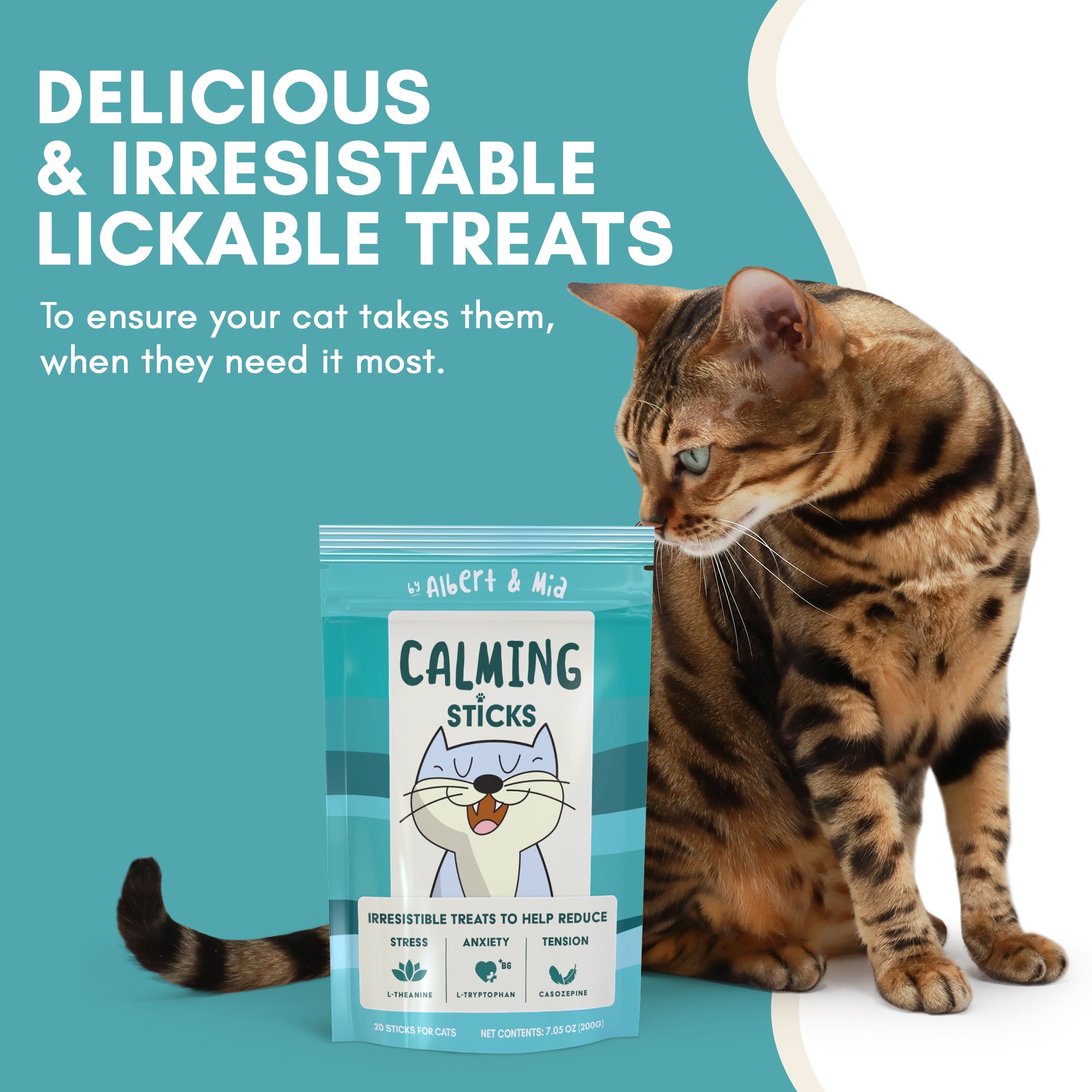 Cat next to a package of 'Calming Sticks' with text about irresistible lickable treats on a teal background.
