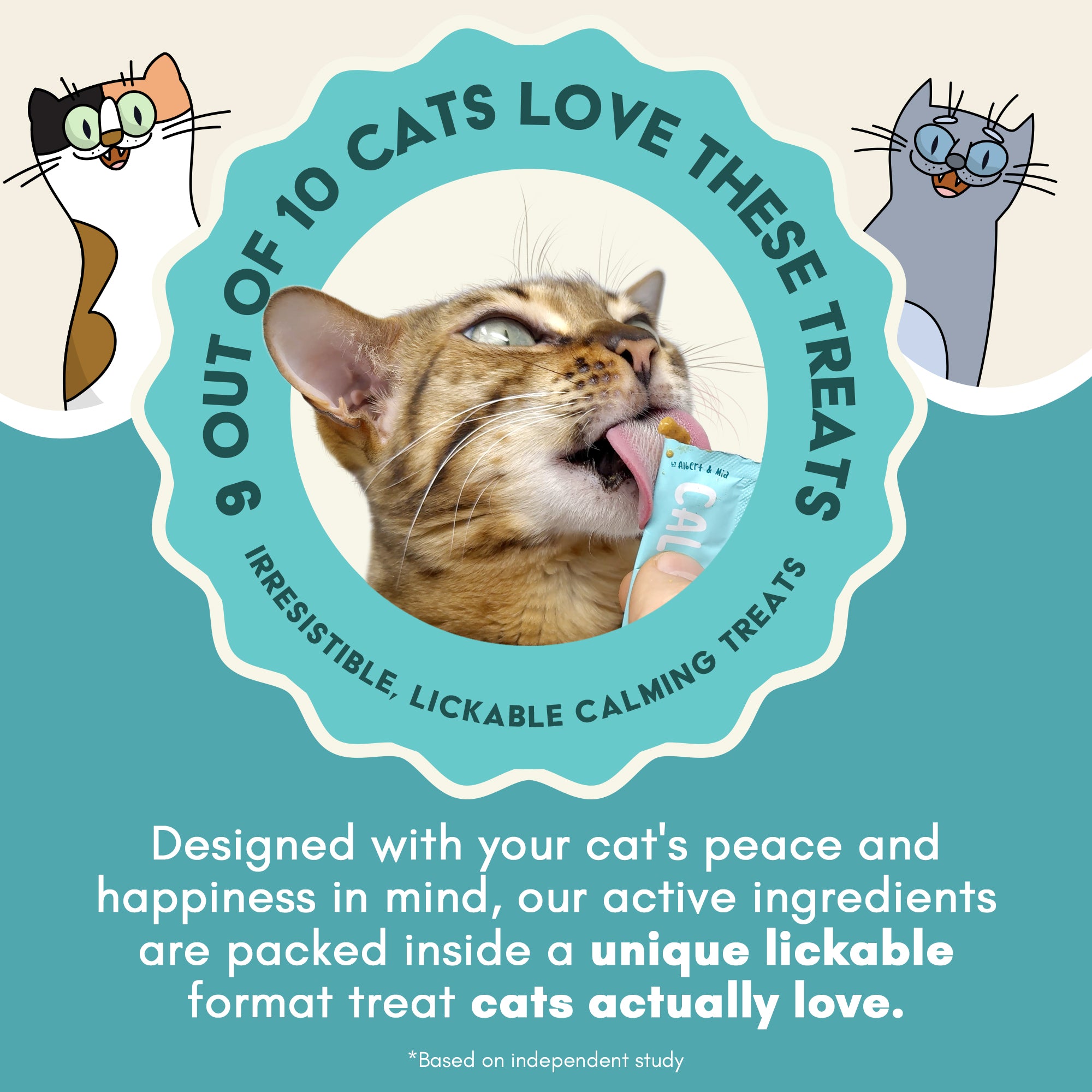 Cat treats packaging with a cat licking a treat and text about cat treats.