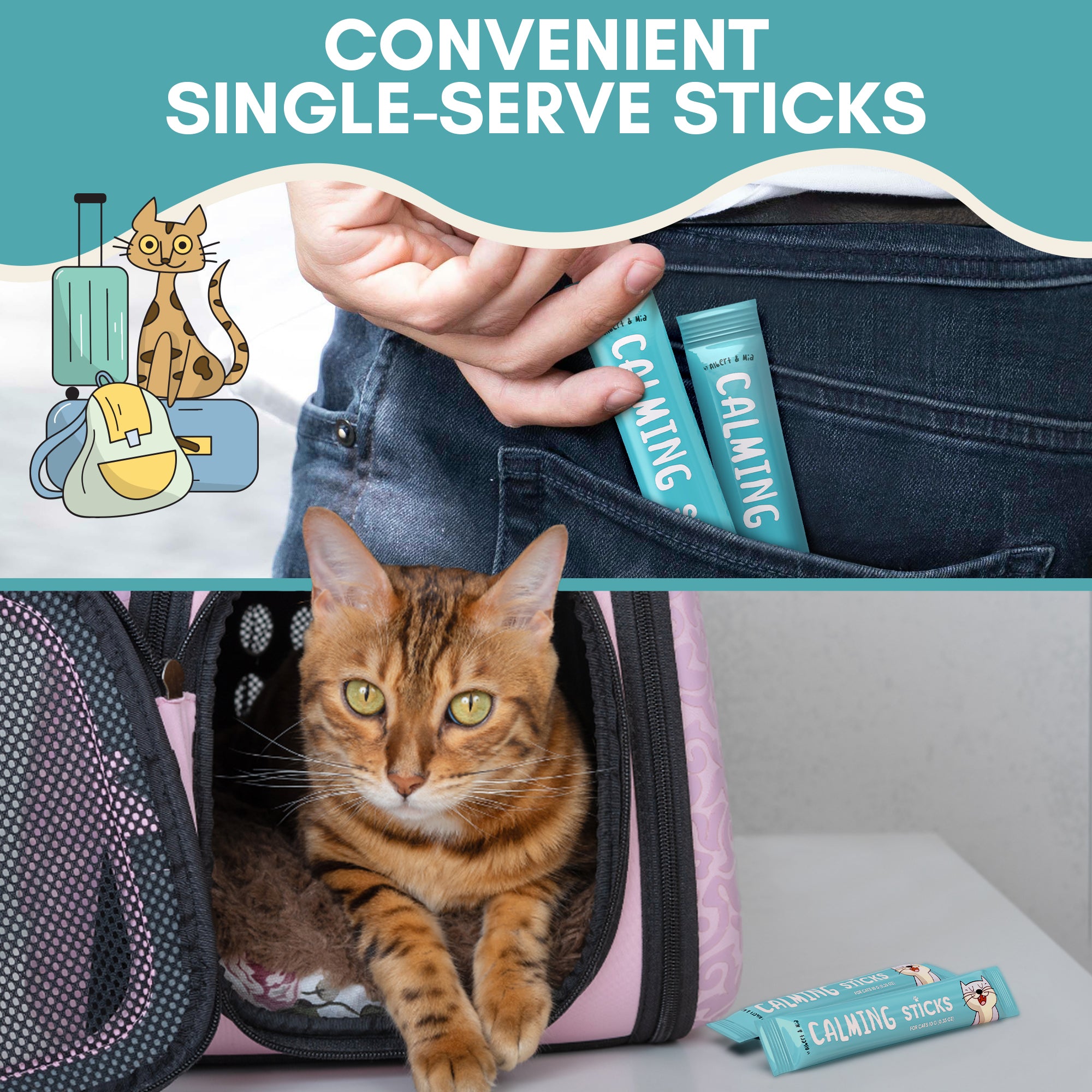Cat calming sticks in a pocket with a cat in a carrier and text about single-serve sticks.