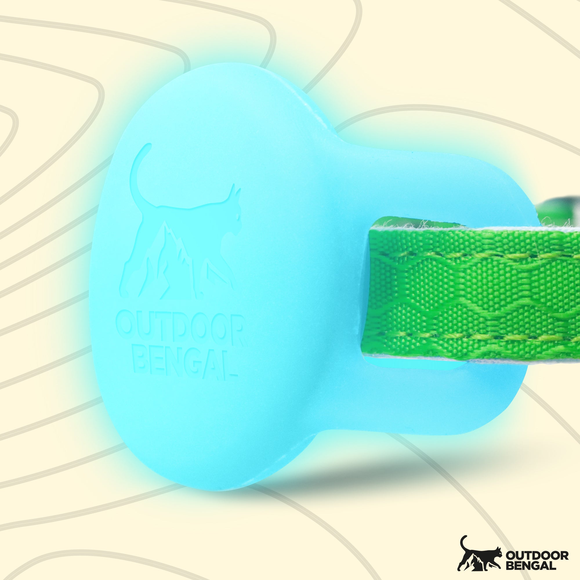 Blue airtag holder with green cat collar on a light background