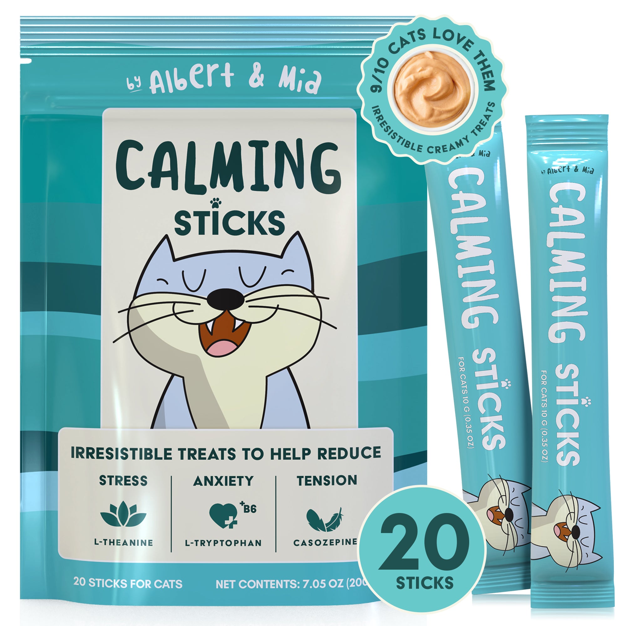 Packaging of Albert & Mia calming lickable sticks for cats with a cartoon cat illustration and text.