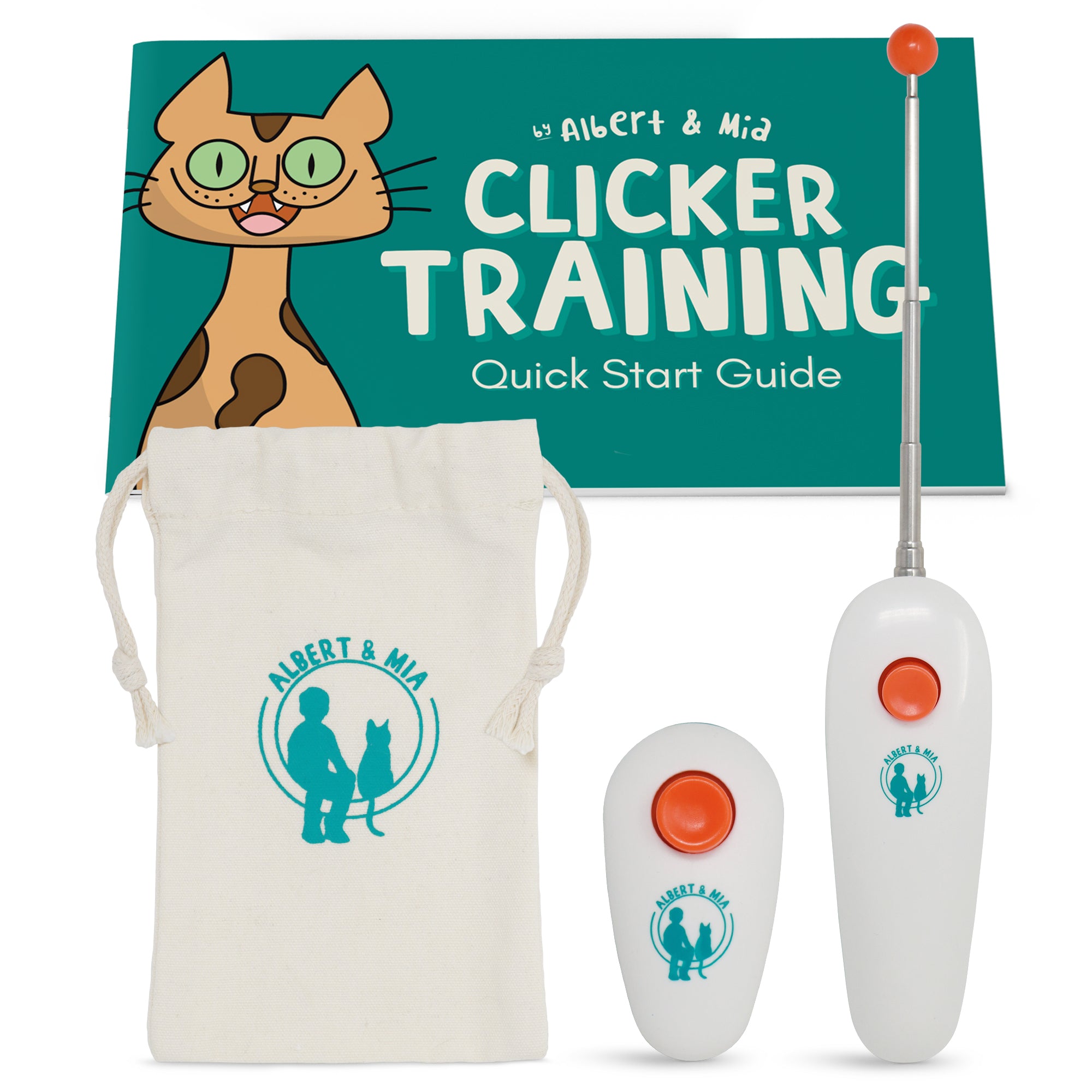 Cat training clicker set with a quick start guide and pouch, featuring the brand 'Albert & Mia'.
