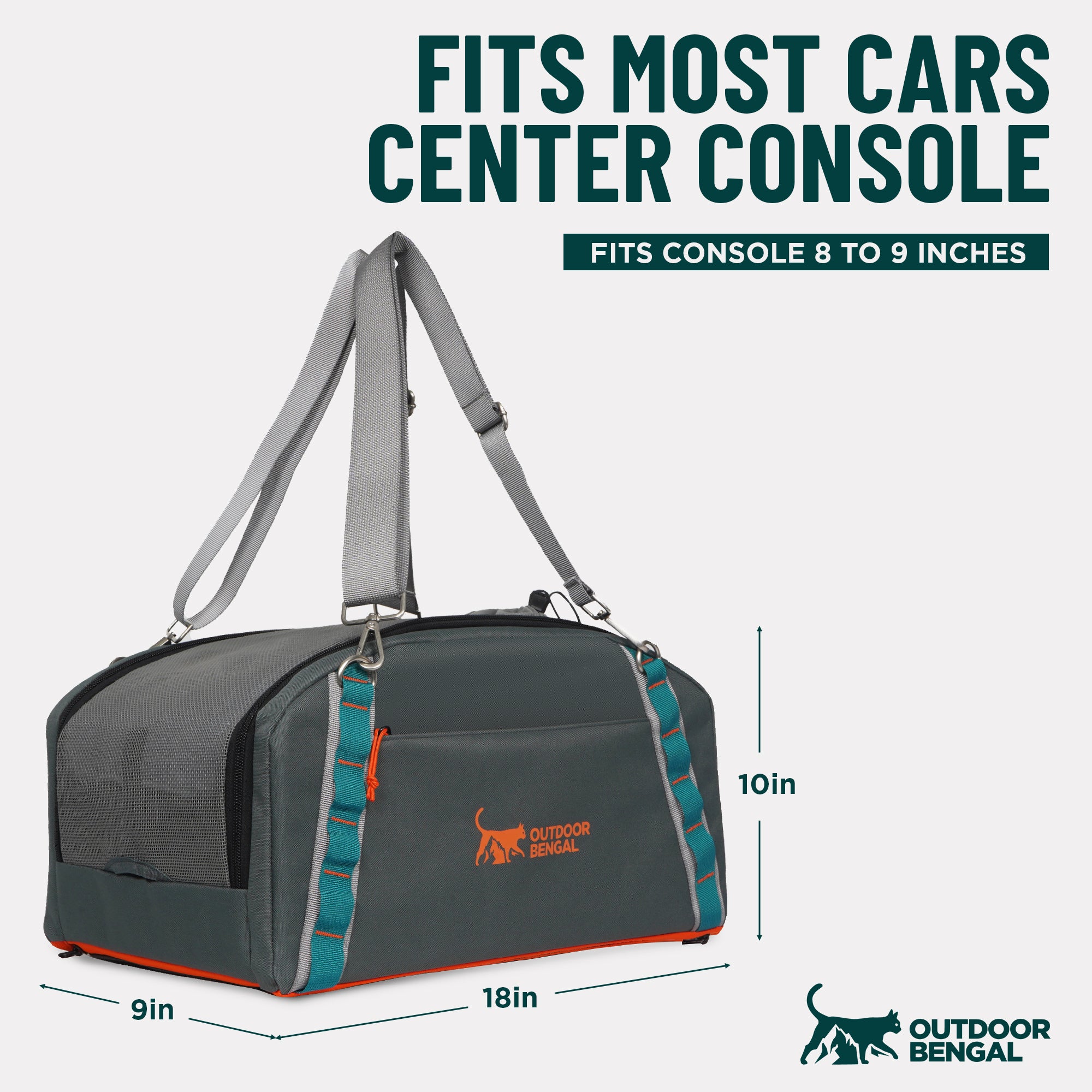 Dark gray pet car seat bag with teal and orange accents, shown with dimension lines indicating 9x18x10 inch measurements and text stating it fits most cars center console 8 to 9 inches.