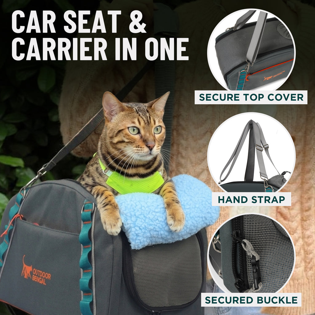 A cat wearing a bright lime green harness sits in a gray pet carrier bag with a blue cushion. The image includes large text reading 'CAR SEAT & CARRIER IN ONE' and three circular callout insets highlighting features: a secure top cover, a hand strap, and a secured buckle.