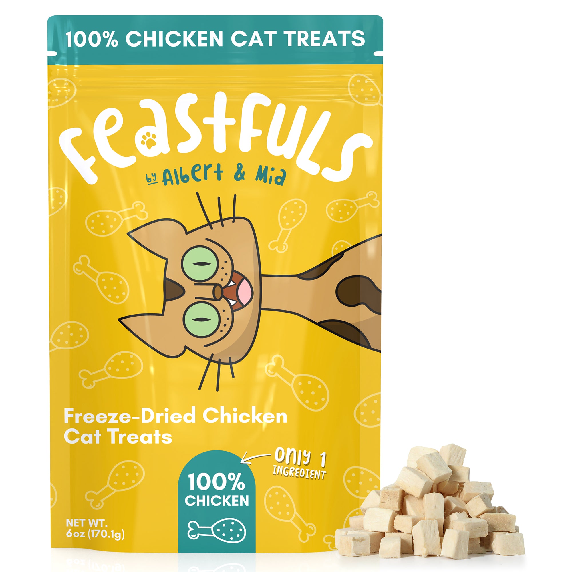 Packaging of Feastfuls freeze-dried chicken cat treats with a cartoon cat illustration.