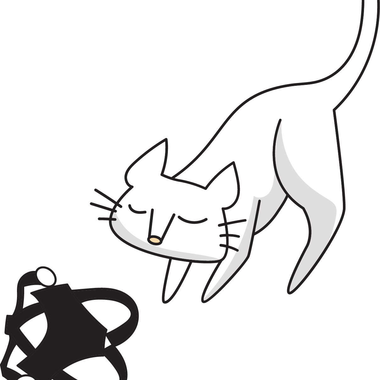 Black and white illustration of a cat smelling a cat harness