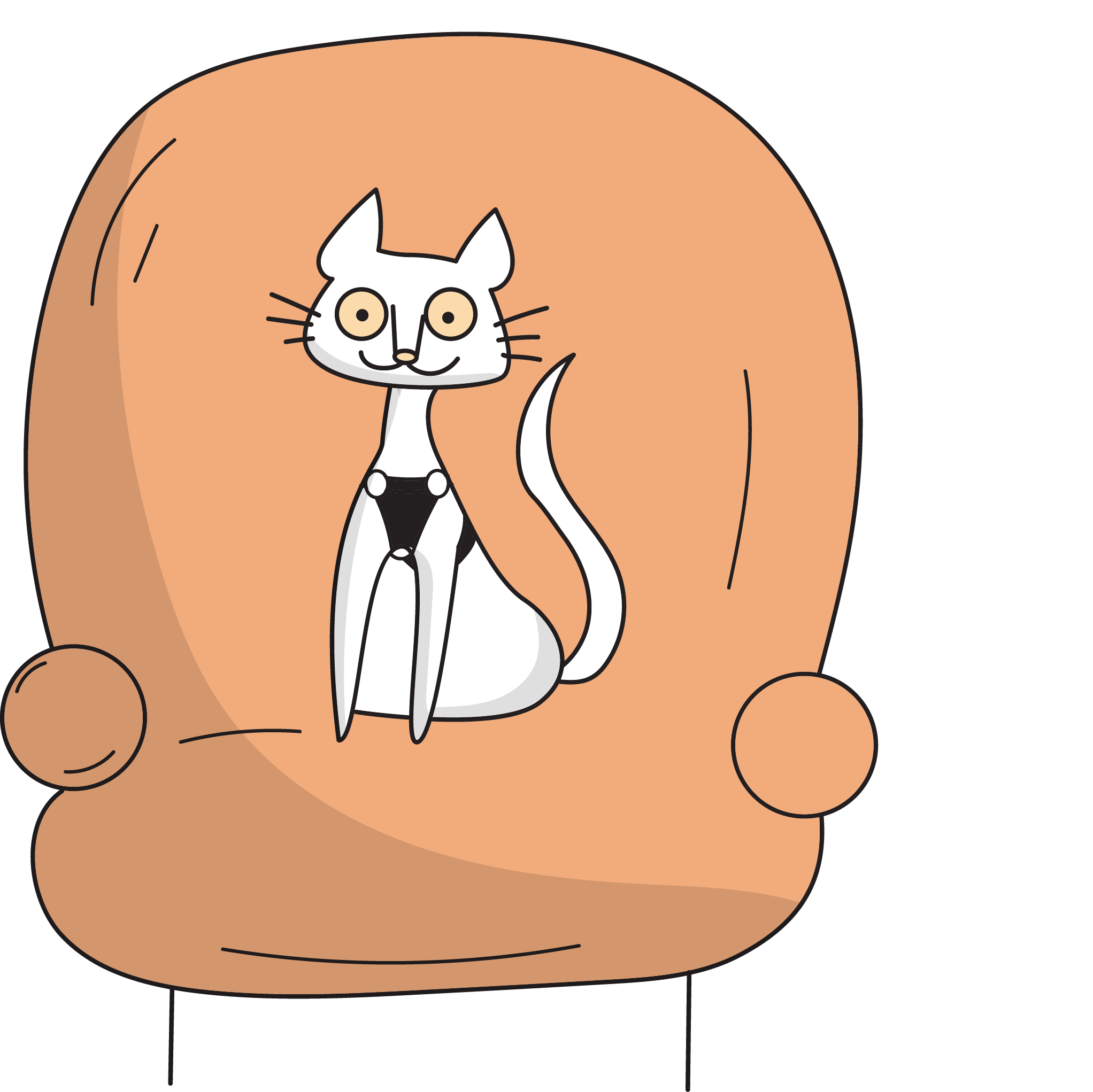 Cartoon cat sitting on a brown chair with a white background