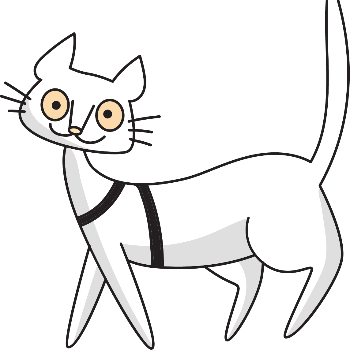 Cartoon cat with a black stripe on a white background