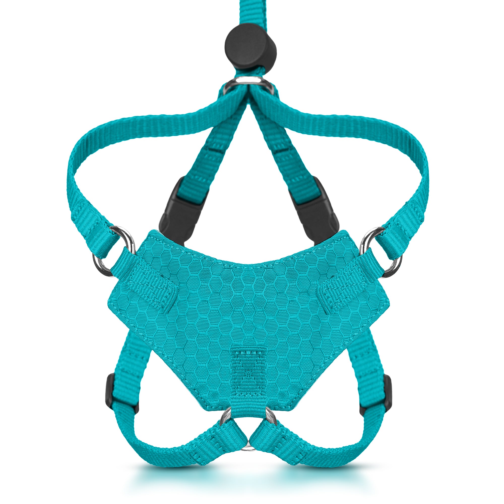 Teal escape-proof cat harness with black hardware on a white background
