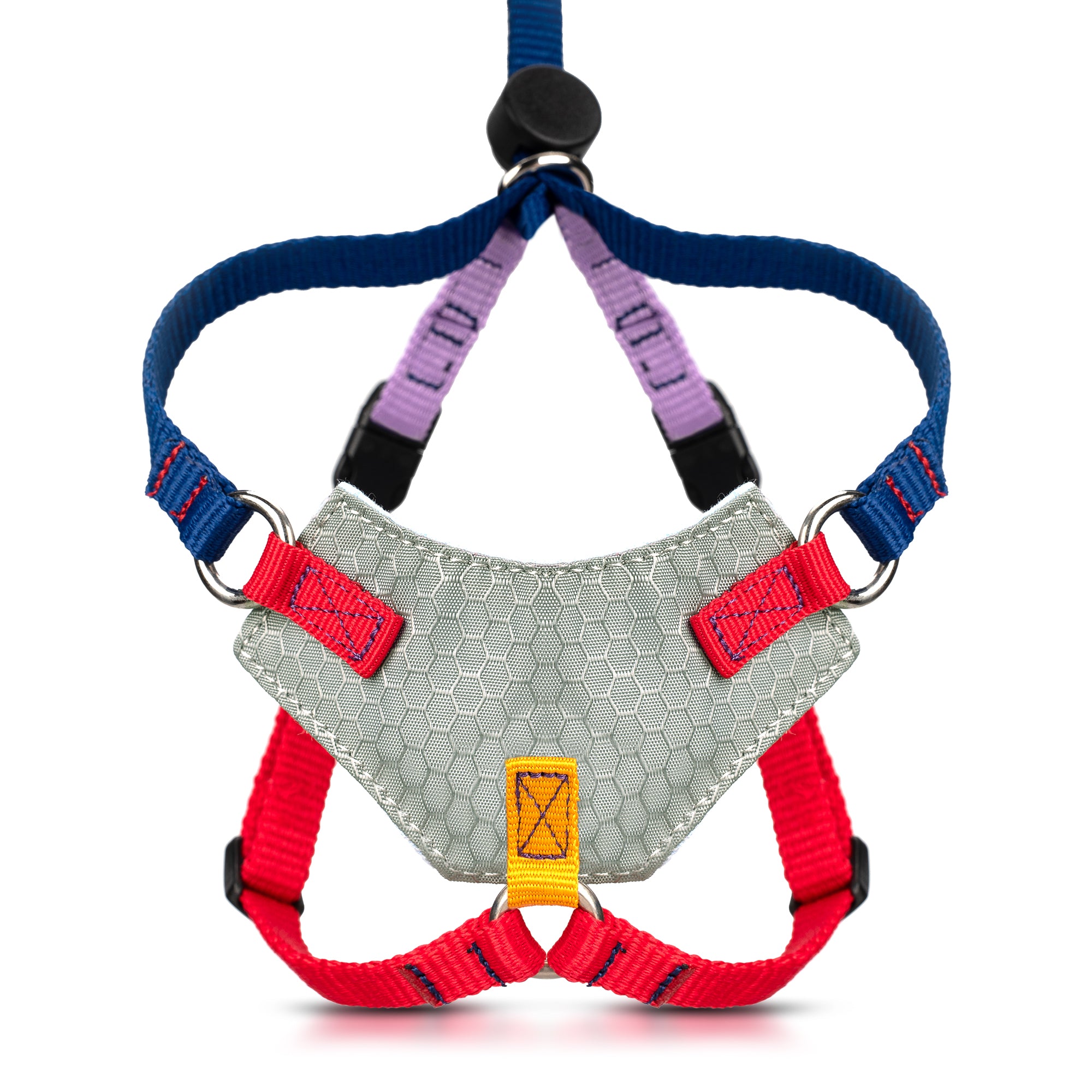 Multicolored houdini escape proof cat harness with a hexagonal pattern on a white background
