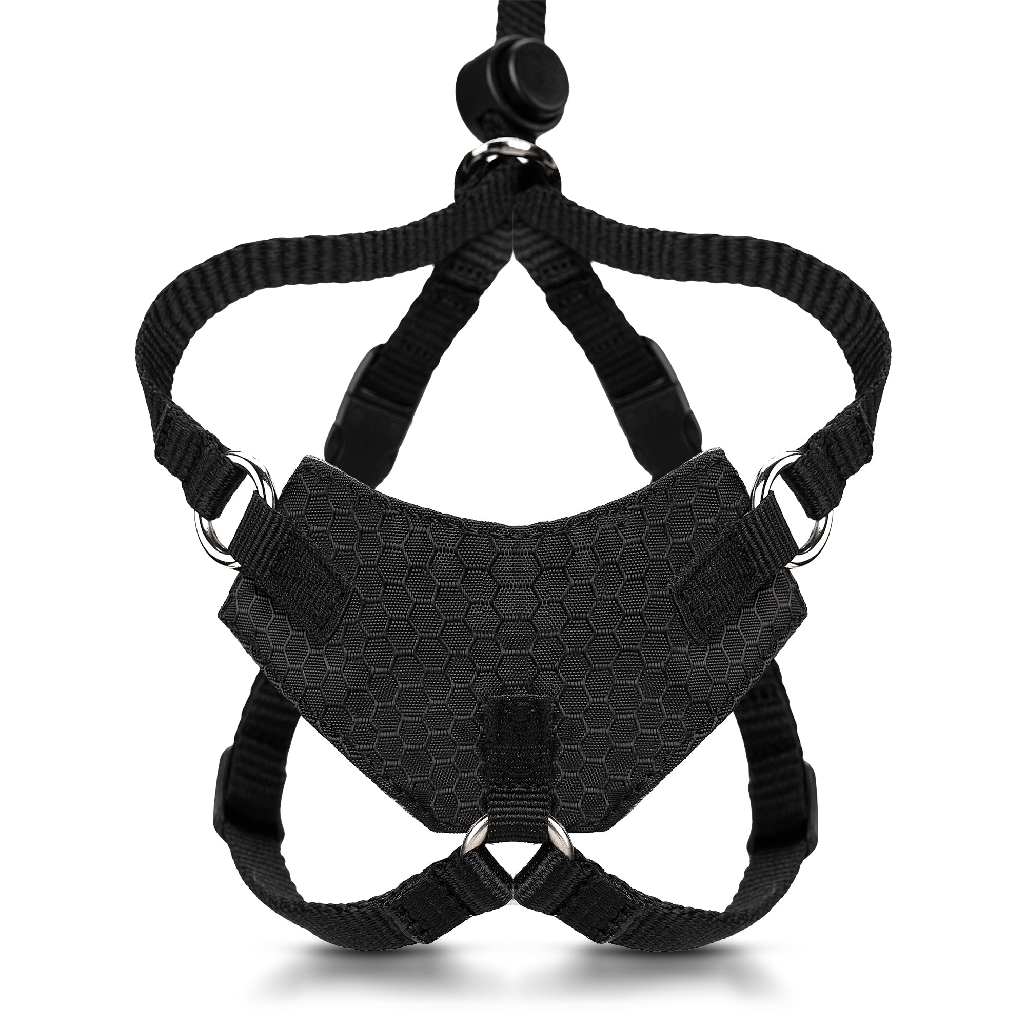 Black houdini escape proof cat harness with a hexagonal pattern on a white background