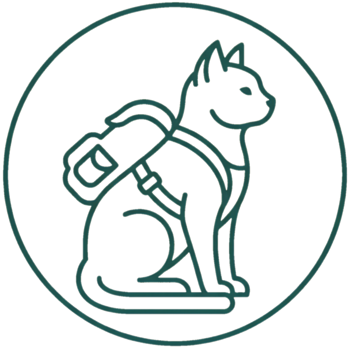 Line drawing of a dog with a backpack inside a circle on a white background