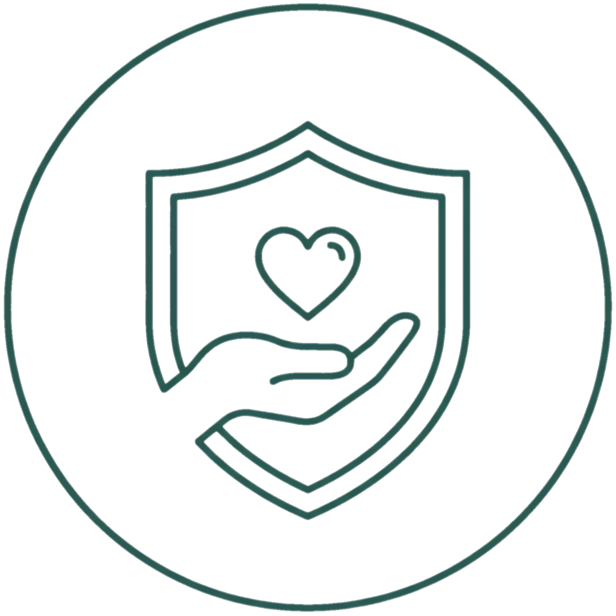 Icon of a hand holding a shield with a heart in the center, surrounded by a circular outline.