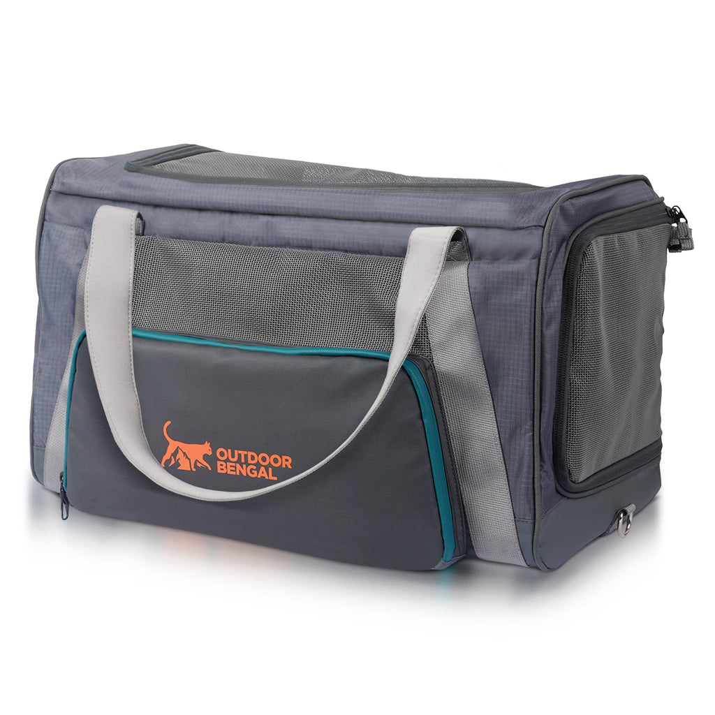 Gray pet carrier with handle and mesh side, featuring 'Outdoor Bengal' branding.